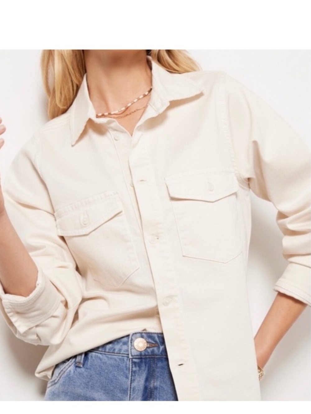 Good American Cream Button-Up Utility Shirt